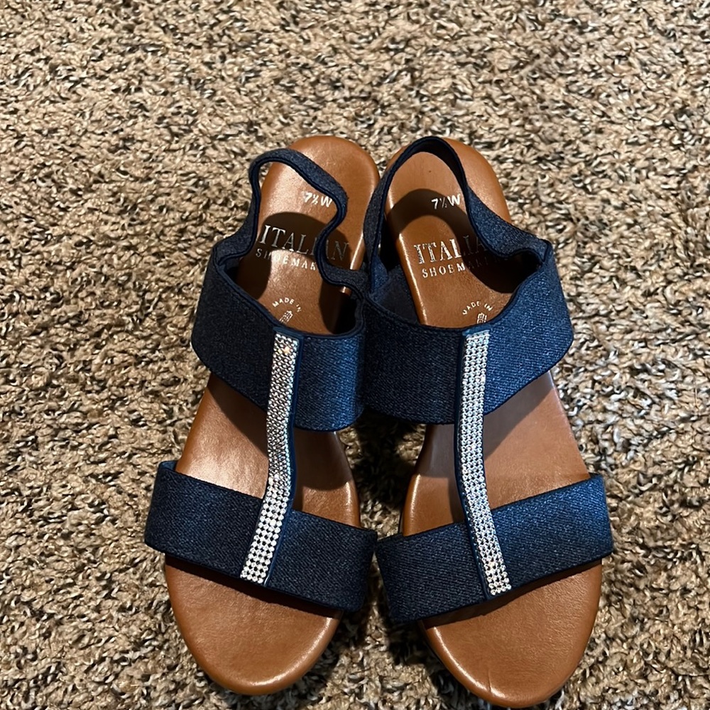 Italian shoemaker jean like sandals with rhinestones.